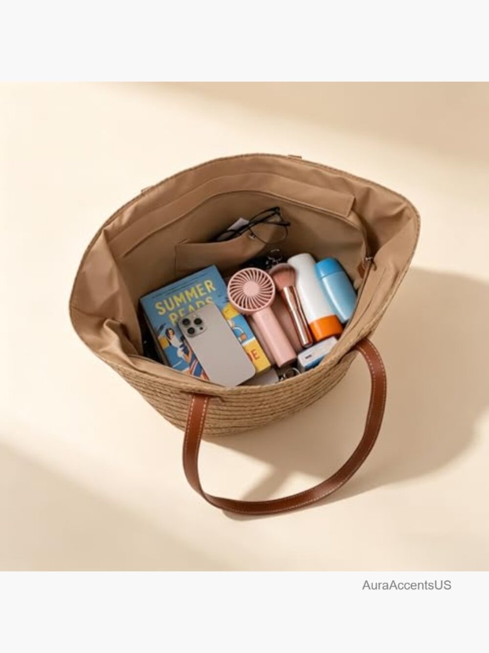 Large Woven Straw Beach Tote, Zippered with Leather Straps, Summer Handbag - Picture 7 of 7
